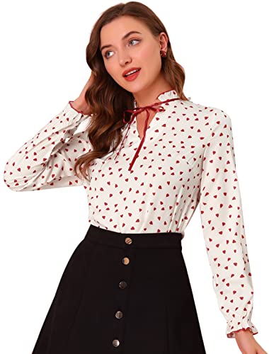 Allegra K Damen Langarm V Hals Krawatte Rüschen Polka Dots Top Bluse Beige Rot M von Allegra K