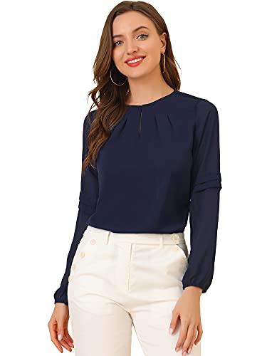 Allegra K Damen Langarm Rundhals Cut Out Ruffle Panel Chiffon Top Bluse Dunkelblau L von Allegra K