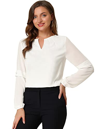 Allegra K Damen Langarm Rundhals Cut Out Ruffle Panel Chiffon Top Bluse Weiß M von Allegra K