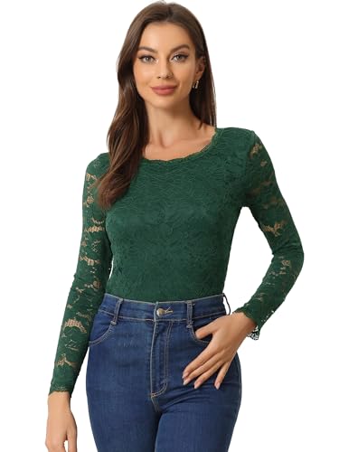 Allegra K Damen Langarm Rundhals Durchsichtig Blumenstickerei Spitze Top Bluse Dunkel Grün XL von Allegra K