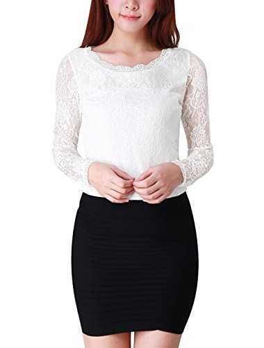 Allegra K Damen-Spitzen-Top, durchscheinend, elegant, lässig, florales Spitzen-Langarm-Top, weiß, 42 von Allegra K