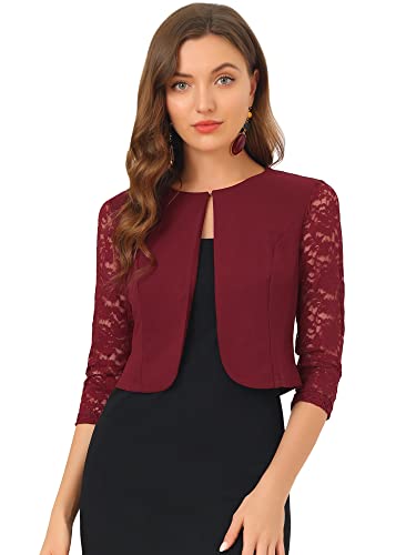 Allegra K Damen Festlich Spitze Bolero 3/4 Ärmel Rundhals Durchsichtig Shrug Elegant Jäckchen Burgund XS von Allegra K