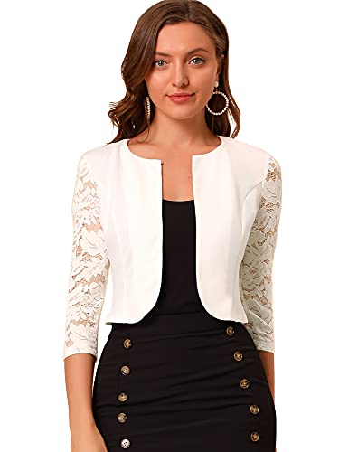 Allegra K Damen Festlich Spitze Bolero 3/4 Ärmel Rundhals Durchsichtig Shrug Elegant Jäckchen Weiß M von Allegra K