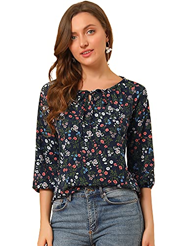 Allegra K Damen Langarm Rundhals Lace Up Blumen Top Bluse Dunkelblau S von Allegra K