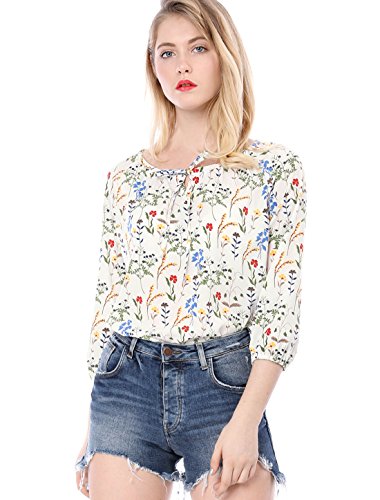 Allegra K Damen Langarm Rundhals Lace Up Blumen Top Bluse Weiß XL von Allegra K