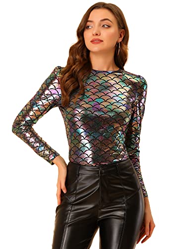 Allegra K Damen Metallic Shirts Rundhals Club Glitzernde Disco Party Bluse Oberteil Bunt XL von Allegra K