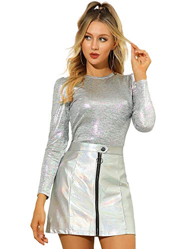 Allegra K Damen Bluse Metallic Langarm Party Rundhals Elegant Glitzer Club Oberteil Top Silber L von Allegra K