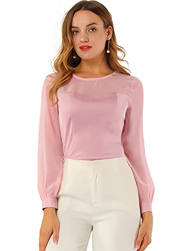 Allegra K Damen Langarm Rundhals Panel Durchsichtig Satin Chiffon Top Bluse Rosa S von Allegra K