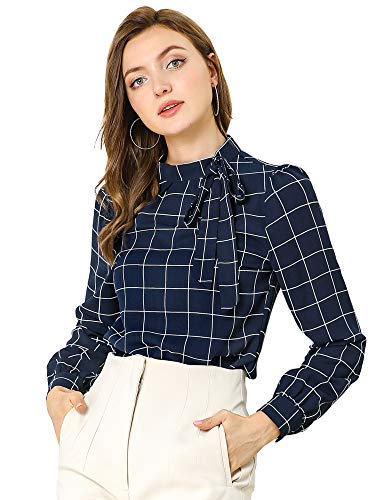 Allegra K Damen Bluse Langarm Rundhals Panel Fliege Kariert Top Navy blau M von Allegra K