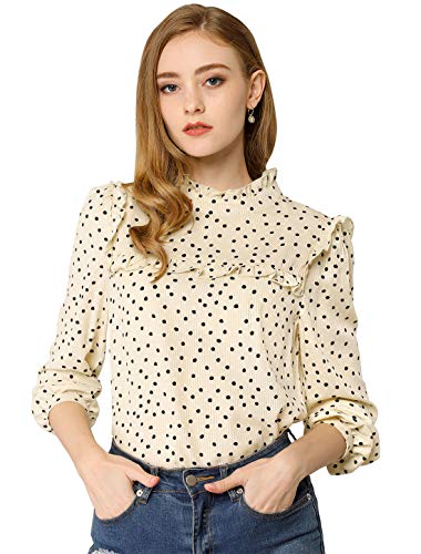 Allegra K Damen Oberteil Langarm Polka Dots Rundhals Panel Rüschen Punkten Top Bluse Beige XS Allegra K Damen Oberteil Langarm Polka Dots Rundhals Panel Rüschen Punkten Top Bluse Beige XS von Allegra K