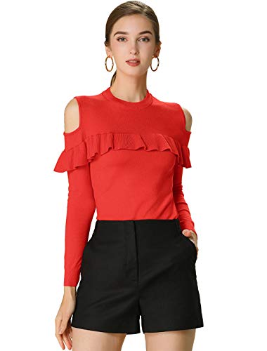 Allegra K Damen Langarm Rundhals Panel Volant Off Shoulder Top Bluse Rot XS (EU 34) von Allegra K