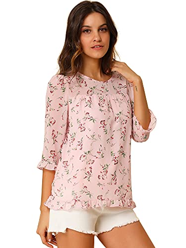 Allegra K Damen Langarm Rundhals Ruffle Durchsichtig Chiffon Blumen Top Bluse Rosa-Orange L von Allegra K