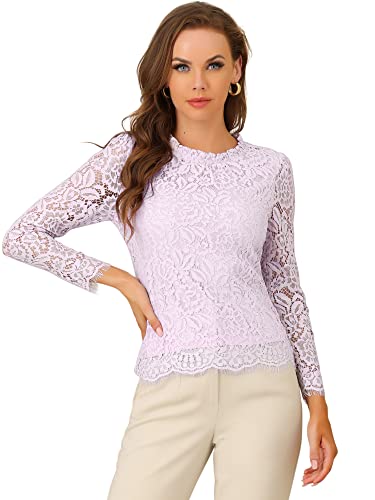 Allegra K Damen Langarm Rundhals Ruffle Durchsichtig Spitze Blumen Top Bluse Graues Rosa S von Allegra K