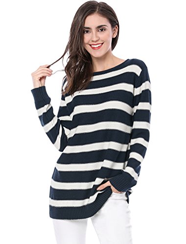 Allegra K Damen Langarm Rundhals Streifen Strickpullover Sweater Blau M von Allegra K