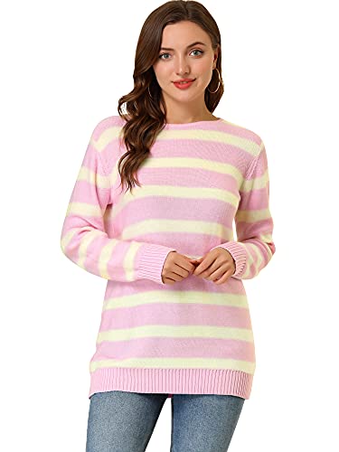 Allegra K Damen Langarm Rundhals Streifen Strickpullover Sweater Rosa L von Allegra K