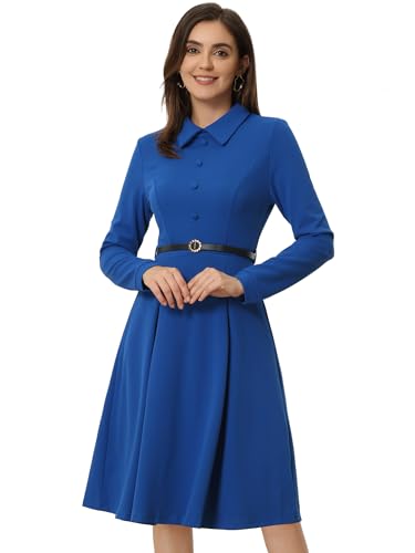 Allegra K Damen Langarm Rundhalsausschnitt Knopfleiste Gürtel Elegant Minikleid Kleid Roralblau S von Allegra K