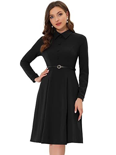 Allegra K Damen Langarm Rundhalsausschnitt Knopfleiste Gürtel Elegant Minikleid Kleid Schwarz L von Allegra K