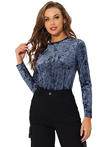 Allegra K Damen Langarm Rundhalsausschnitt Lässig Samt T-Shirt Top Bluse Grau Blau L von Allegra K