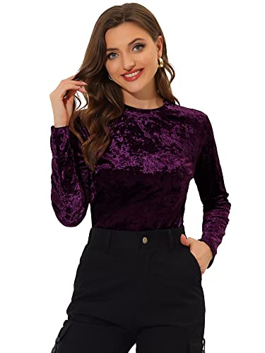Allegra K Damen Langarm Rundhalsausschnitt Lässig Samt T-Shirt Top Bluse Lila M von Allegra K