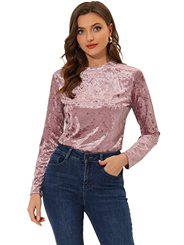 Allegra K Damen Langarm Rundhalsausschnitt Lässig Samt T-Shirt Top Bluse Rosa S von Allegra K