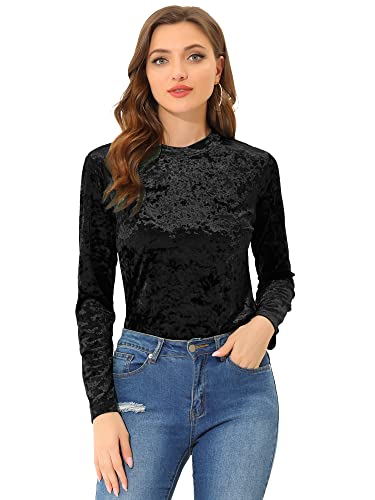 Allegra K Damen Langarm Rundhalsausschnitt Lässig Samt T-Shirt Top Bluse Schwarz M von Allegra K
