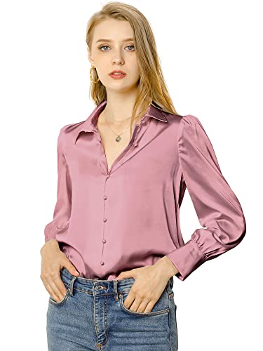 Allegra K Damen Satin Bluse Puffärmel Spitzkragen Vintage Button Up Shirt TopsAltrosa S von Allegra K