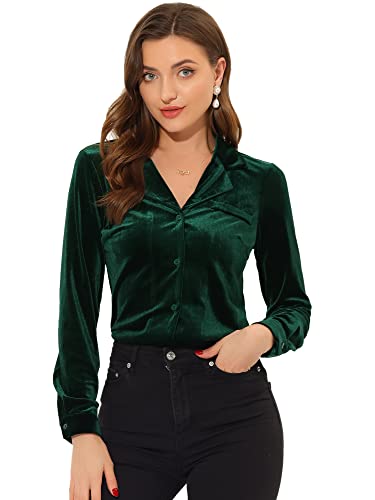 Allegra K Damen Bluse Samt Hemd Langarm V-Ausschnitt Knopfleiste Top Dunkelgrün S von Allegra K