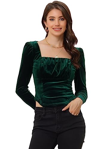 Allegra K Damen Langarm Samtbluse Quadratischem Ausschnitt Asymmetrischer Saum Velvet Oberteil Dunkelgrün XS von Allegra K