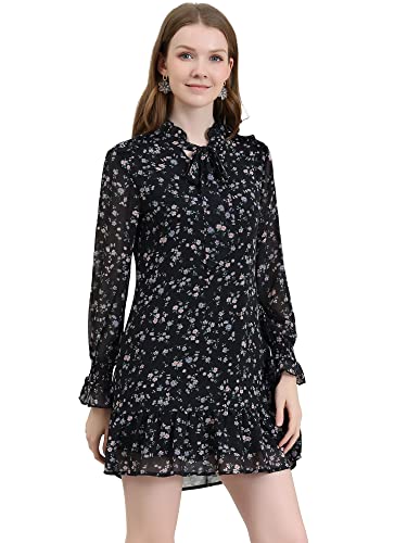 Allegra K Damen Langarm Schleife Ruffle Blumen Minikleid Kleid Schwarzs M von Allegra K