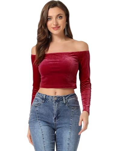 Allegra K Damen Langarm Schulterfreie Elastische Samt Oberteil Crop Top Bluse Dunkel Rot M von Allegra K