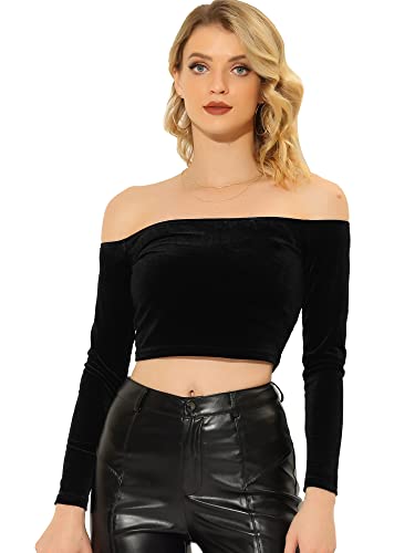 Allegra K Damen Langarm Schulterfreie Elastische Samt Oberteil Crop Top Bluse Schwarz L von Allegra K