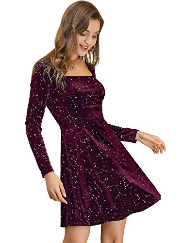 Allegra K Damen Kleid Langarm Party Festlich Quadratischer Kragen Samt Stern Abendkleid Burgundy L von Allegra K