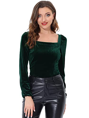 Allegra K Damen Langarm Velvet Oberteil Party Square Neck Samt Bluse Dunkel Grün M von Allegra K