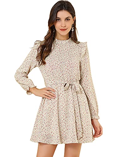 Allegra K Damen Langarm Stehkragen Bindegürtel Blumen Minikleid Kleid Weiß XL von Allegra K