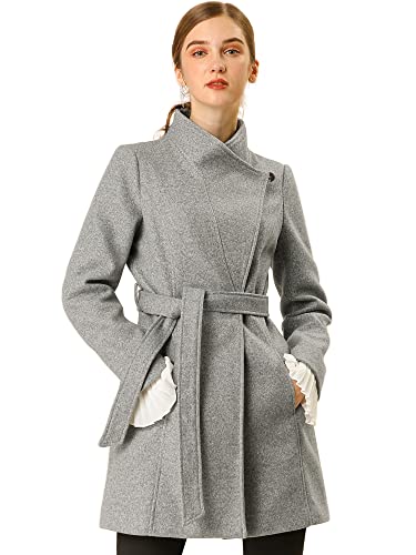 Allegra K Damen Langarm Stehkragen Bindegürtel Trenchcoat Mantel Grau S von Allegra K