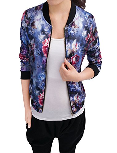 Allegra K Damen Langarm Stehkragen Blouson Blumen Bomberjacke Jacke Blau M von Allegra K