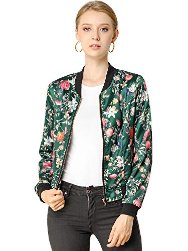 Allegra K Damen Bunt Blouson Frühling Sommer Bomberjacke Blumenmuster Reißverschluss Jacket Dunkelgrün S von Allegra K