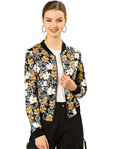 Allegra K Damen Bunt Blouson Frühling Sommer Bomberjacke Blumenmuster Reißverschluss Jacket Schwarz Blumen L von Allegra K