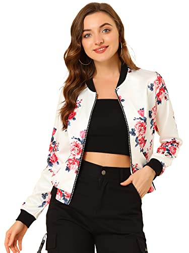 Allegra K Damen Frühling Sommer Bomberjacke Blumenmuster Reißverschluss Jacket Weiße Marine S von Allegra K