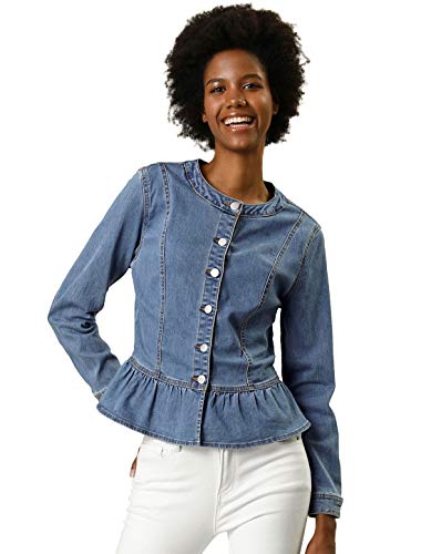 Allegra K Damen Jacke Langarm Stehkragen Volant Knopfleiste Peplum Crop Jeansjacke Hellblau M von Allegra K