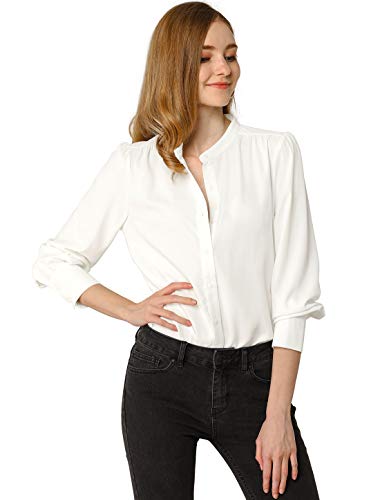 Allegra K Damen Langarm Stehkragen Button Shirt Bluse Weiß L von Allegra K