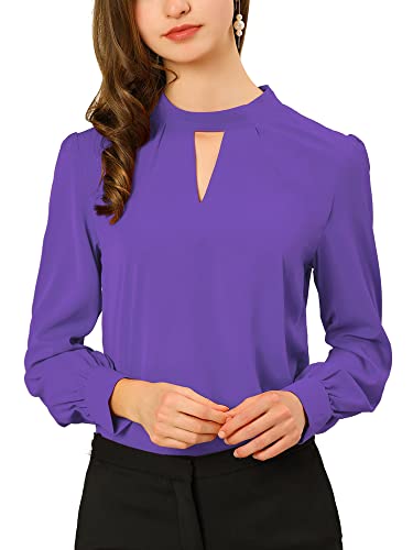 Allegra K Damen Büro Oberteil Langarm V-Ausschnitt Stehkragen Cut Out Elegante Top Bluse Lila L von Allegra K