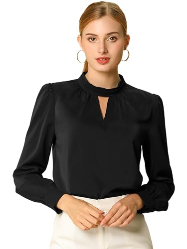 Allegra K Damen Büro Oberteil Langarm V-Ausschnitt Stehkragen Cut Out Elegante Top Bluse Schwarz M von Allegra K