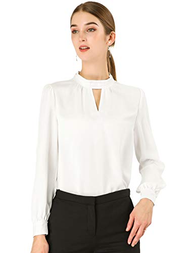 Allegra K Damen Büro Oberteil Langarm V-Ausschnitt Stehkragen Cut Out Elegante Top Bluse Weiß L von Allegra K