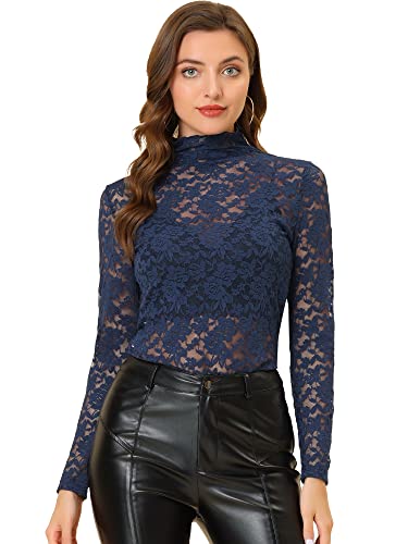 Allegra K Damen Langarm Durchsichtig Spitze Oberteil Stehkragen Mesh Blumen Lace Hochgeschlossene Top Bluse Navy Blau M von Allegra K