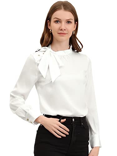 Allegra K Damen Langarm Stehkragen Fliege Satin Shirt Bluse Weiß XS von Allegra K