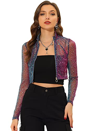 Allegra K Damen Jacke Langarm Stehkragen Geschnitten Halbtransparent Punkte Reißverschluss Jacke Blau S von Allegra K