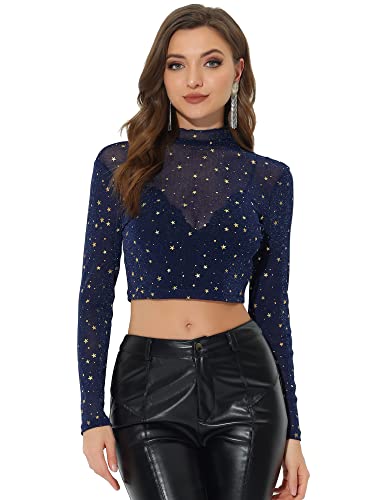 Allegra K Damen Stern Oberteil Mesh Langarmshirt Stehkragen Durchsichtig Glitzer Stern Crop Top Dunkelblau XS von Allegra K