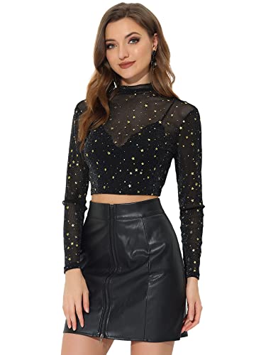 Allegra K Damen Stern Oberteil Mesh Langarmshirt Stehkragen Durchsichtig Glitzer Stern Crop Top Schwarz L von Allegra K