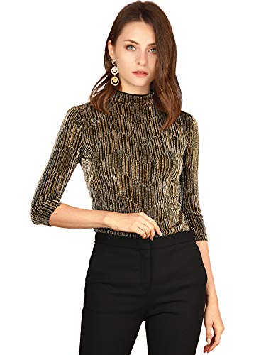 Allegra K Damen Glitzer Shirt Langarm Stehkragen Metallic Streifen Oberteile Bluse Gold Schwarz L von Allegra K